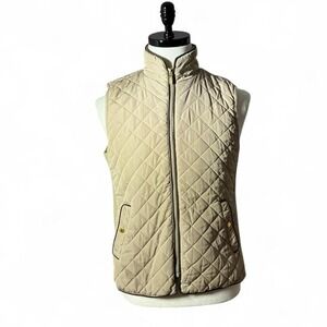 Cambridge Dry Goods Quilted Vest Beige Stand Collar Zipper Pockets Women‎ Preppy
